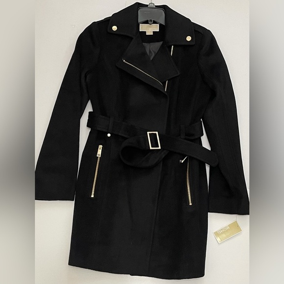 MICHAEL MICHAEL KORS Wool Blend Belted Coat Size XS black NEW - Picture 2 of 6